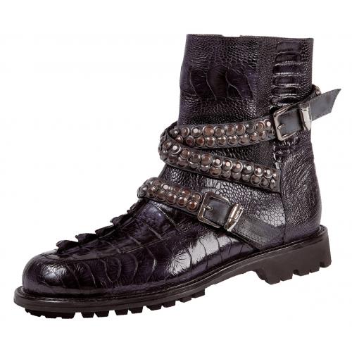 Mauri 2434 "Echo" Charcoal Grey Genuine Ostrich Leg / Hornback Crocodile Tail / Calf Hand Painted Leather Boots With Metal Studded Strap