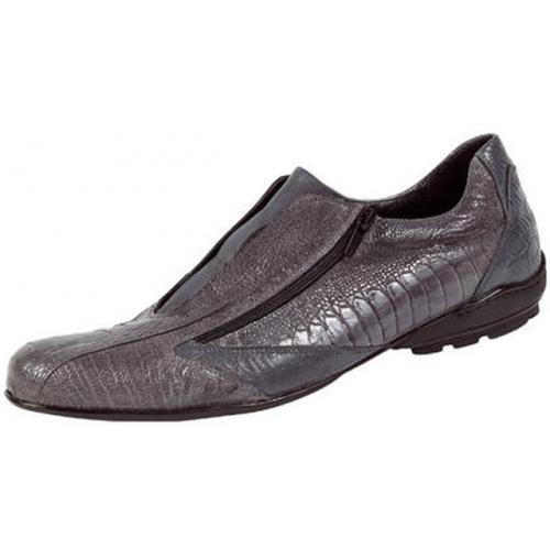 Mauri "Globe" 8802 Medium Grey Genuine Ostrich / Nappa Embossed Nappa Leather Dressed Casual Shoes With Zipper