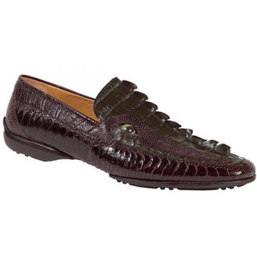 Mauri "Boys Room" 9127 Dark Brown Genuine Hornback Crocodile / Olive Ostrich Loafer Shoes With Hornback Crocodile Tail And Eyes.