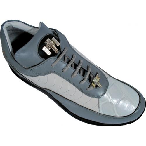 Mauri 8814 Medium Grey / Silver Grey Genuine Alligator / Ostrich Nappa Leather Sneakers With Silver Mauri Alligator Head