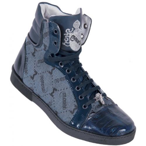 Mauri 8876 Navy Blue Genuine Alligator And Mauri Embossed Fabric Casual Boots With Mauri Emblem Embroidery & Silver Alligator Head