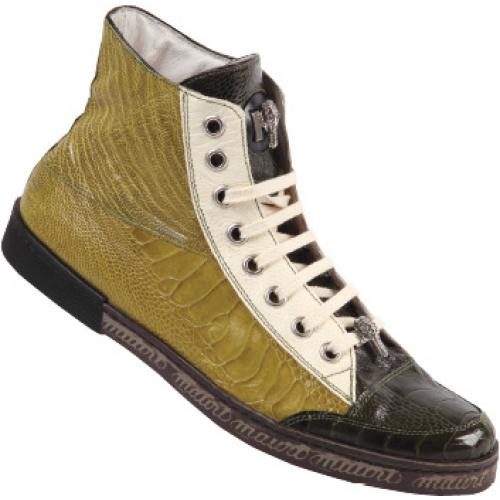 Mauri 8888 Cream / Apple / Money Green Genuine All-Over Ostrich Leg Sneakers With Silver Mauri Alligator Head