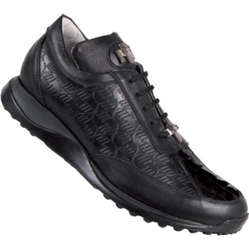 Mauri 8936 Black Genuine Hornback Crocodile Tail With Mauri Embossed Nappa Leather Sneakers With Silver Mauri Alligator Head