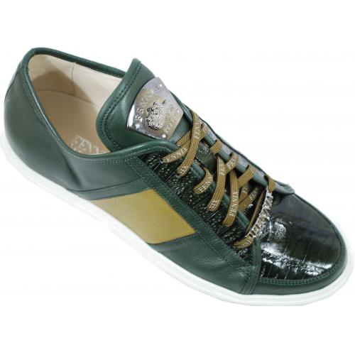 Fennix Italy 3271 Forest Green / Olive Green Genuine Alligator / Nappa Leather Sneakers With Silver Fennix Badge On Tongue