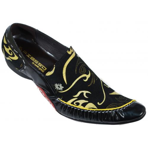 Fiesso Black / Gold Laser Design Pleated Genuine Leather Shoes With Stitching FI6535
