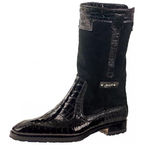 Mauri "Masculine" 2842 Black Genuine Ostrich Leg / Shearling / Embossed Nappa  / Hornback Crocodile Tail Boots