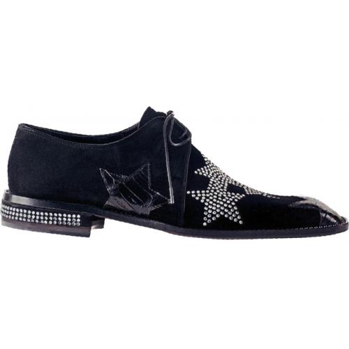 Mauri "Nightsky" 2184 Black Genuine Baby Crocodile / Suede Shoes With Rhinestones