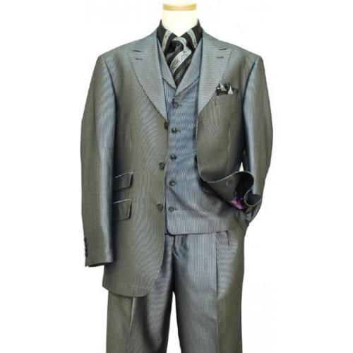 Extrema Black / Metallic Silver Grey Striped Super 120's Wool Vested Suit T69002 / 21