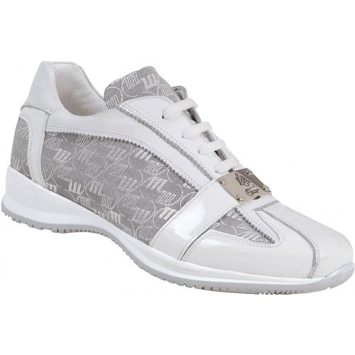 Mauri "Gloss" 8840 White / Acre Raindrops Genuine Crocodile / Patent Nappa / Double Fabric Leather Sneakers.