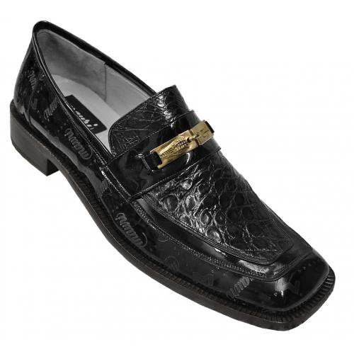 Mauri "7325" Black Genuine Crocodile / Patent Leather Loafer Shoes with Mauri Laser Engraving and Gold Bracelet