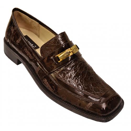 Mauri "7325" Brown Genuine Crocodile / Patent Leather Loafer Shoes with Mauri Laser Engraving and Gold Bracelet