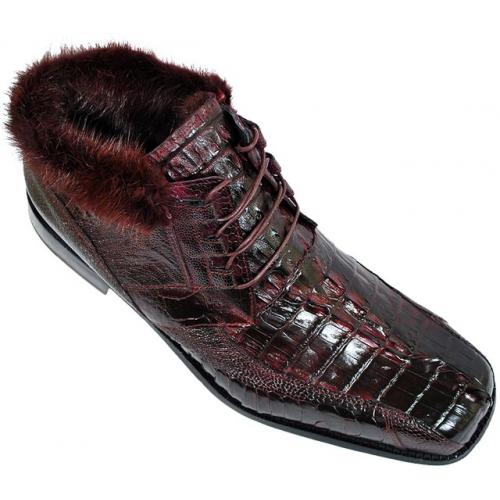 Mauri 2179 "Excelsior" Burgundy Hornback Crocodile Tail / Ostrich Leg Hand Painted Leather Boots With Fur