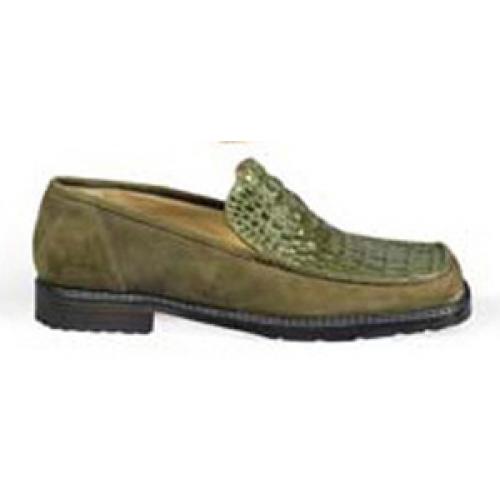 Mauri "0607 13"  Genuine Olive Green Hornback Crocodile Loafer Shoes