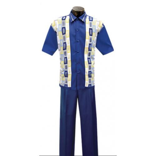 Silversilk Cobalt with Yellow / Silver / Sky Blue / White Rectangular Design 2 Pc Knitted Silk Blend Outfit # 1823