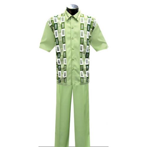 Silversilk Avacado with Emerald / White / Lime  Rectangular Design 2 Pc Knitted Silk Blend Outfit # 1823