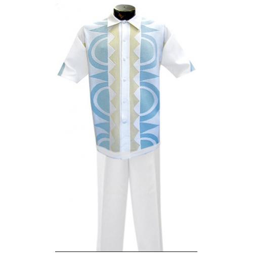 Silversilk White with Canary Yellow/ Sky Blue geometric Design 2 Pc Knitted Silk Blend Outfit # 1835