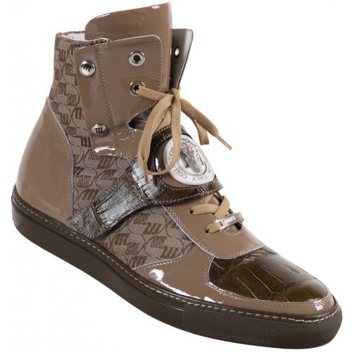 Mauri  "8797" Huntington Taupe / Olive / Beige Genuine Baby Crocodile / Patent Leather / Embroidered Fabric High-Top Sneakers With Strap