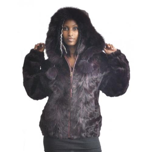 Winter Fur Ladies Burgundy Genuine Mink Fur Jacket With Fox Trimmed Detachable Hood  W03S04BD
