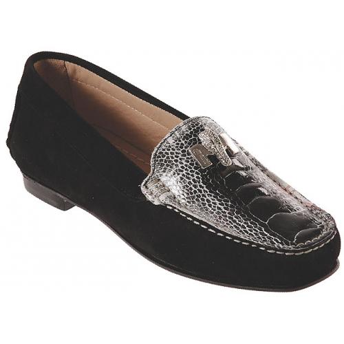 Mauri Ladies "9251" Black Genuine Ostrich Leg / Suede / Nubuck Leather Loafer Shoes