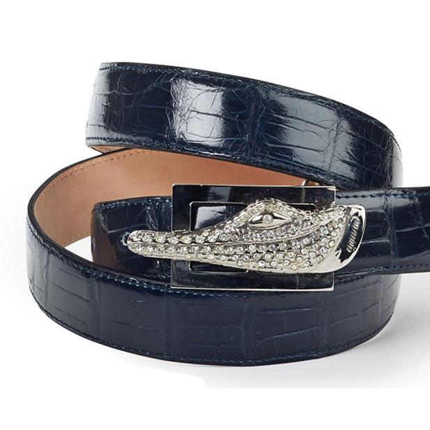 No Jointed-Genuine Alligator Leather Men's Belt Handmade Luxury Belt  Blue #ĐLX03