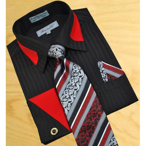 Fratello Black Shadow Stripes With Red Trimming Shirt/Tie/Hanky Set With Free Cuff links FRV4104
