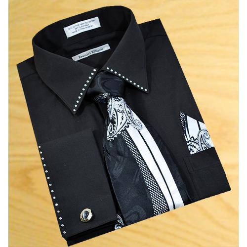Daniel Ellissa Solid Black With Crystals Shirt/Tie/Hanky Set With Free Cuff Links DS3746P2