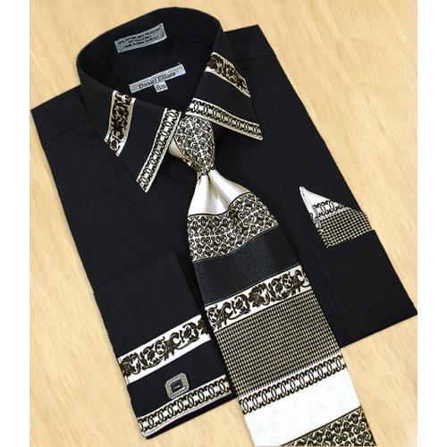 Daniel Ellissa Black / White Paisley Unique Design Shirt / Tie / Hanky Set With Free Cufflinks DS3751P2