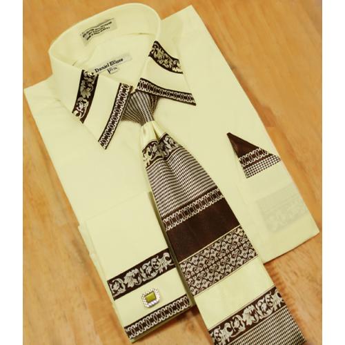 Daniel Ellissa Ivory / Brown Paisley Unique Design Shirt /  Tie /  Hanky Set With Free Cufflinks DS3751P2
