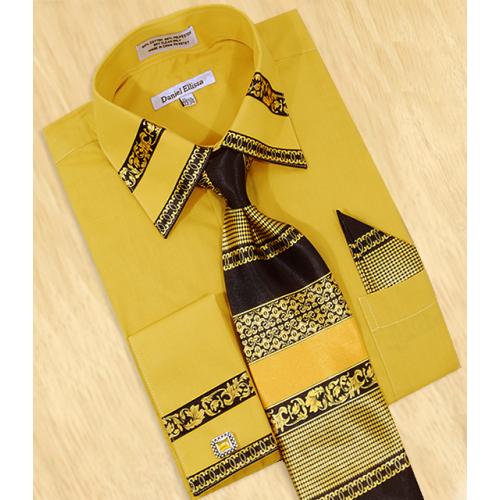 Daniel Ellissa Mustard / Gold Paisley Unique Design Shirt / Tie / Hanky Set With Free Cufflinks DS3751P2