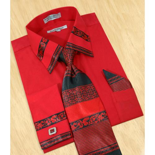 Daniel Ellissa Red / Black Paisley Unique Design Shirt / Tie / Hanky Set With Free Cufflinks DS3751P2