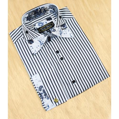 Daniel Ellissa White / Black Striped with Paisley Spread Double Layer Collar Dress Shirt FS1103
