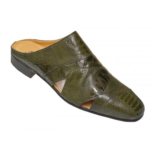 Mauri "2148" Olive All-Over Genuine Ostrich Leg Half Shoes