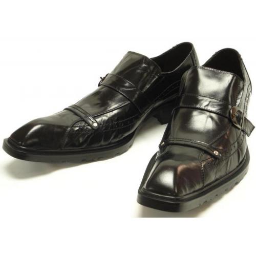 Encore By Fiesso Black Genuine Leather Shoes With Monk Strap And Embroidery FI6412