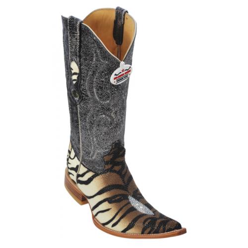 Los Altos White / Brown Genuine Stingray W / Tiger Design 3X Toe Cowboy Boots 955573