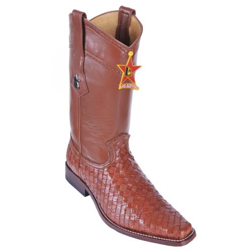 Los Altos Cognac Genuine Basket Weave Lizard / Eel Square Toe Cowboy Boots 736103