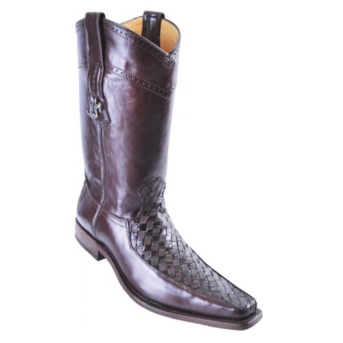 Los Altos Brown Genuine Basket Weave Lizard / Eel With Deer Skin Square Toe Cowboy Boots 716107