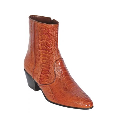 Los Altos Cognac Genuine All-Over Ostrich Leg Medium Round Toe Ankle Boots  630503