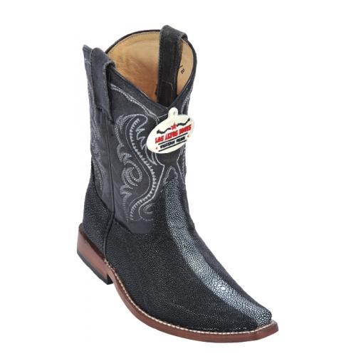 Los Altos Kid's Black Genuine Stingray Rowstone Finish Square Toe Cowboy Boots 436005