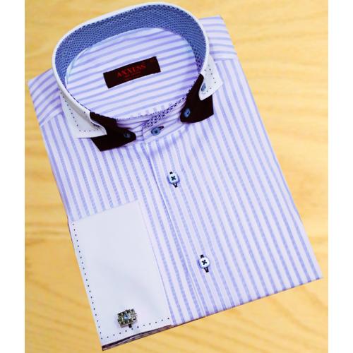 Axxess White / Baby Blue Stripes With Navy Hand-Pick Stitching Double Tab Collar 100% Cotton Dress Shirt 0440