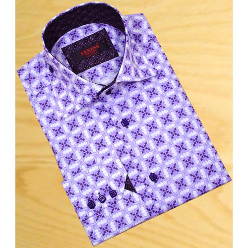 Axxess Lavender With Purple / White Geometrical Design 100% Cotton Dress Shirt 0236