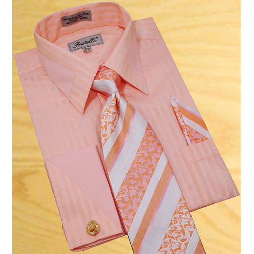 Fratello Peach Shadow Stripes With Peach Trimming Shirt/Tie/Hanky Set With Free Cuff links FRV4104