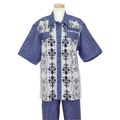 Prestige 100% Linen Denim Blue / Grey  Safari Self Embroidered Design 2 PC Outfit With Shoulder Epaulets 162