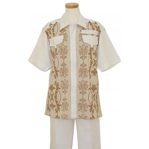 Prestige 100% Linen White / Sand / Taupe  Safari Self Embroidered Design 2 PC Outfit With Shoulder Epaulets 162