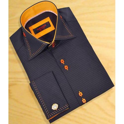 Axxess Black Self Design With Orange Hand-Pick Stitching 100% Cotton Dress Shirt 02-18