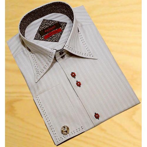 Axxess Champagne Herringbone Design With Brown Double Hand-Pick Stitching 100% Cotton Dress Shirt 07-24