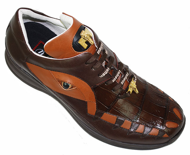 Mauri 8756 Taupe Genuine Hornback Crocodile Tail/Nappa Leather/Mauri Fabric Sneakers With Silver Mauri Alligator Head