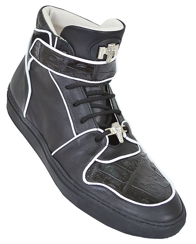 Mauri 8783/1 Black Genuine Alligator High Top Sneakers With White Trimming And Monk Strap