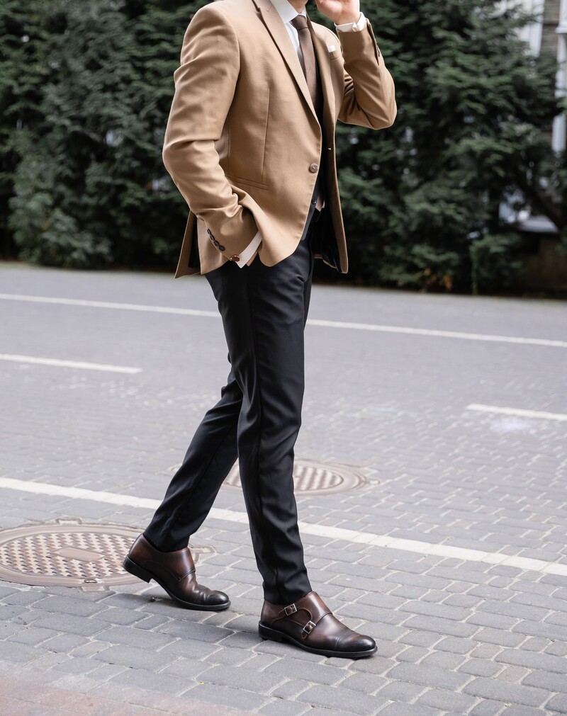 beige formal wear on monk straps