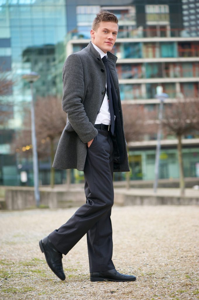 trench coat with white shirt, tailored trousers and leather shoes