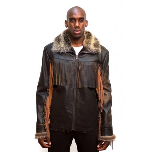 G-Gator Brown Leather Jacket With Fringes And Rabbit Lining